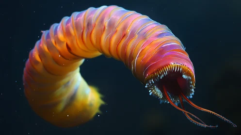 Glowing deep sea ribbon worm curling through dark water.