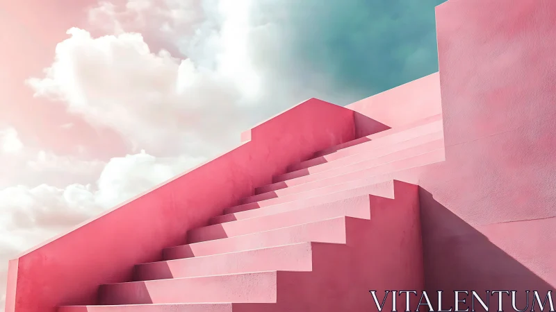 Minimalist pink stair architecture under pastel atmospheric sky.