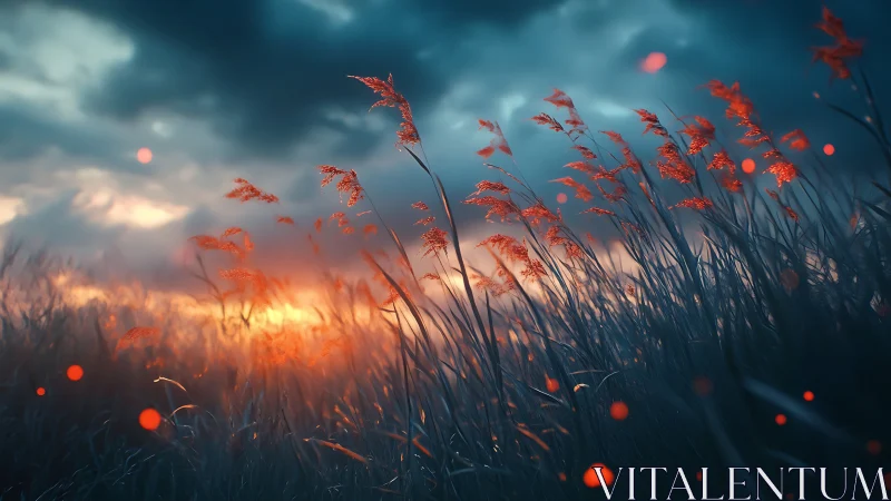 Crimson reeds ignite dusk horizon under stormlit sky.