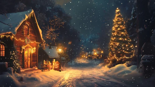 Snow-covered village street glows with warm Christmas lighting