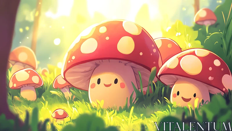 Soft-lit kawaii mushrooms rendered in warm atmospheric depth