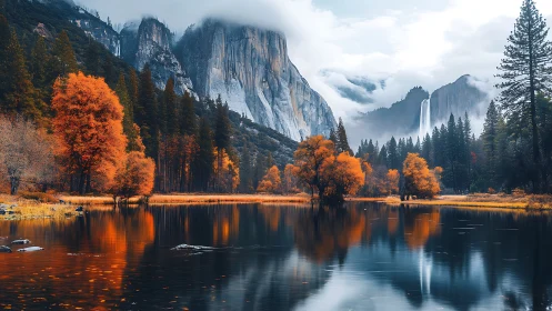 Golden autumn valley reflects softly beneath misty cliffs