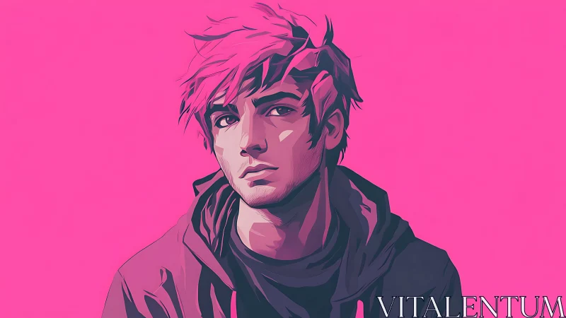 Digital portrait shows stylized male figure on uniform pink background