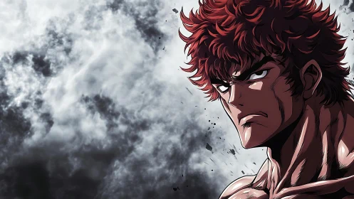 Red haired anime fighter stares ahead against storm clouds