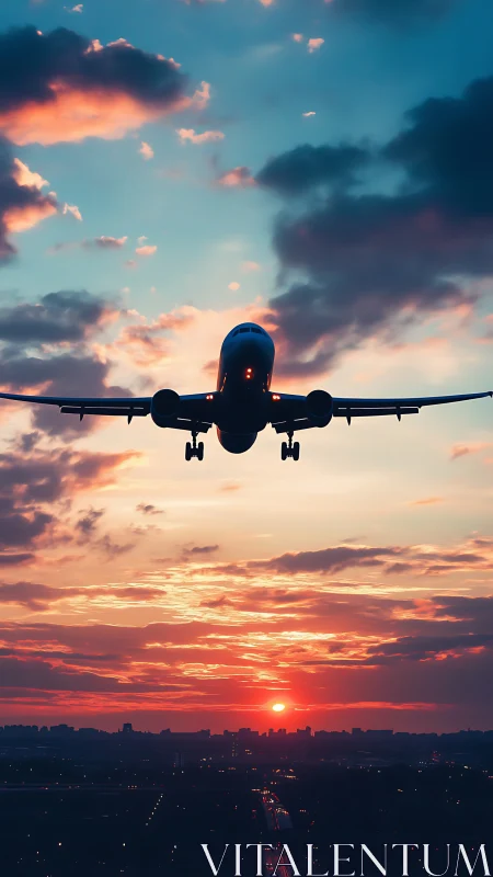 Evening airplane glides smoothly above a glowing city sunset