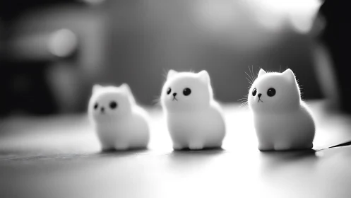 Three White Ceramic Cats in Monochrome Study.