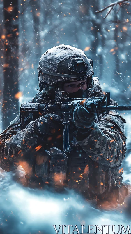 Snowbound soldier aiming rifle in burning winter forest.