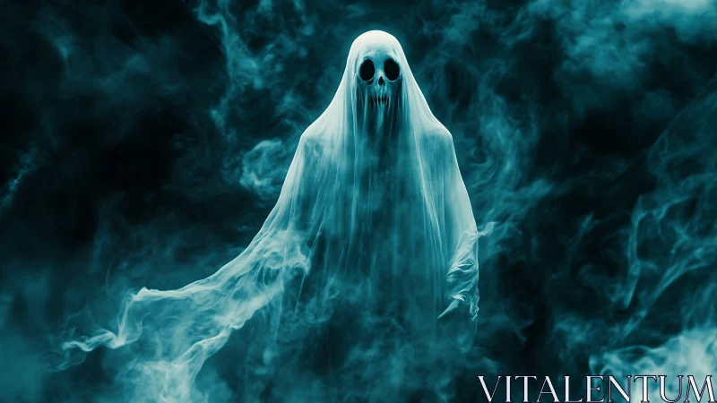 Ghostly wraith emerges from swirling teal mist in darkness.