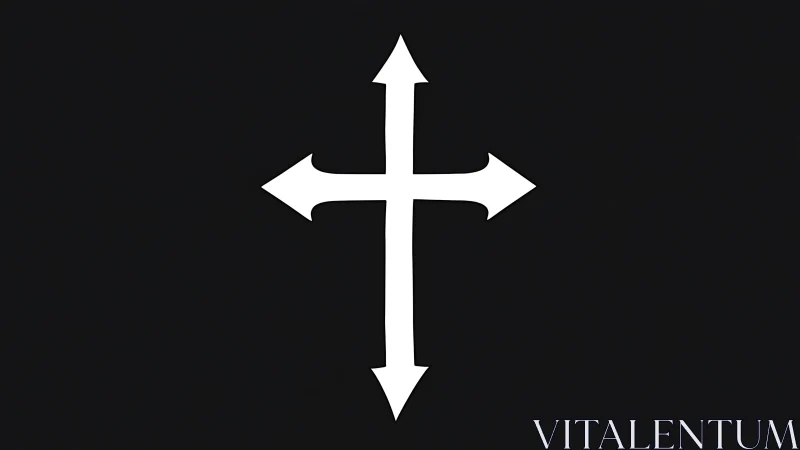 White four-directional cross symbol on deep black field.