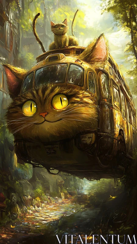 Curious cat-bus duo glides through a golden forest path