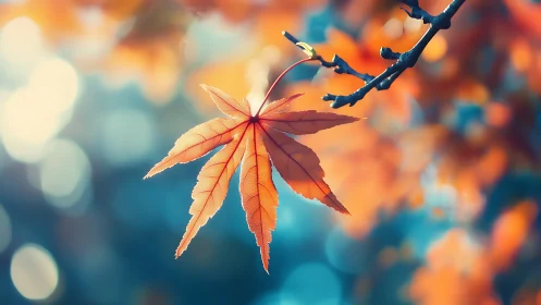Single maple leaf glows in soft autumn bokeh light.