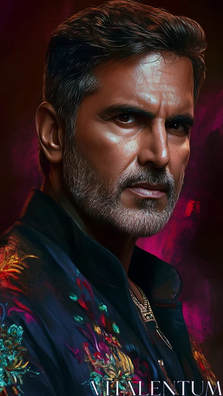 Storm-eyed elder in embroidered midnight jacket portrait.