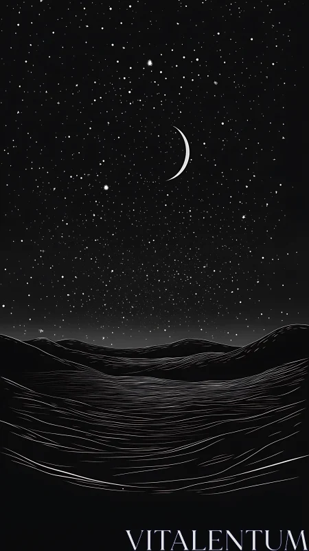 Crescent moon over stylized hills beneath dense star field.