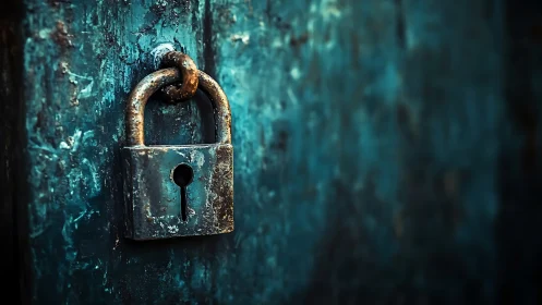 Weathered metal padlock on textured teal wooden door.