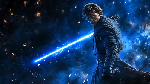 High-contrast sci-fi warrior with energized blue plasma blade stance