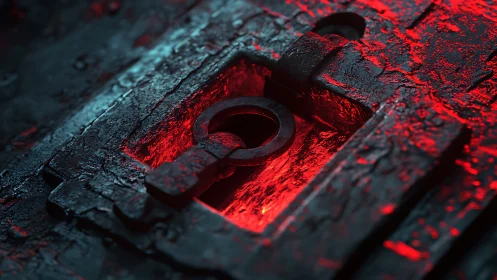 3D macro lock mechanism with red-lit cavity and corroded metal.