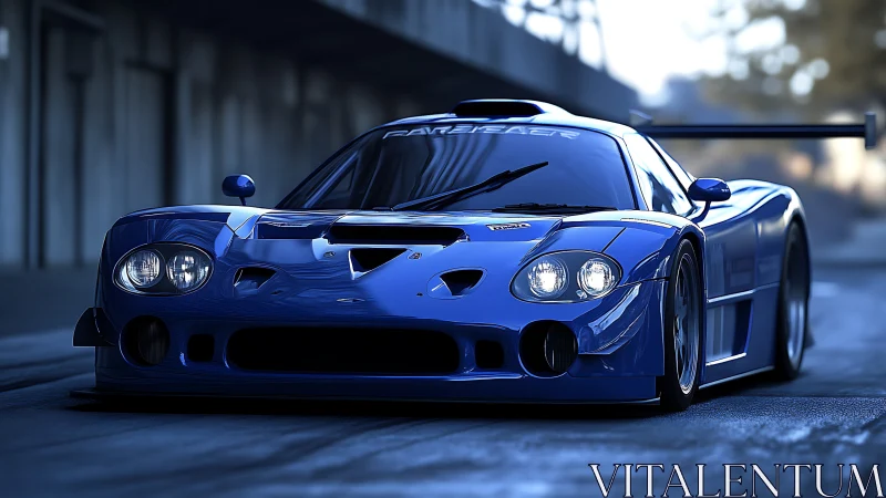 Midnight blue race beast prowls a shadowy urban straightaway.