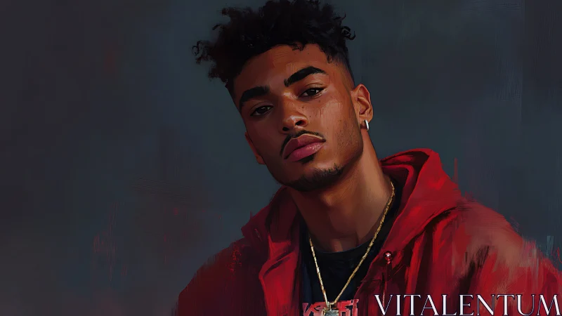 Crimson jacket leans into shadowed calm with quiet fire