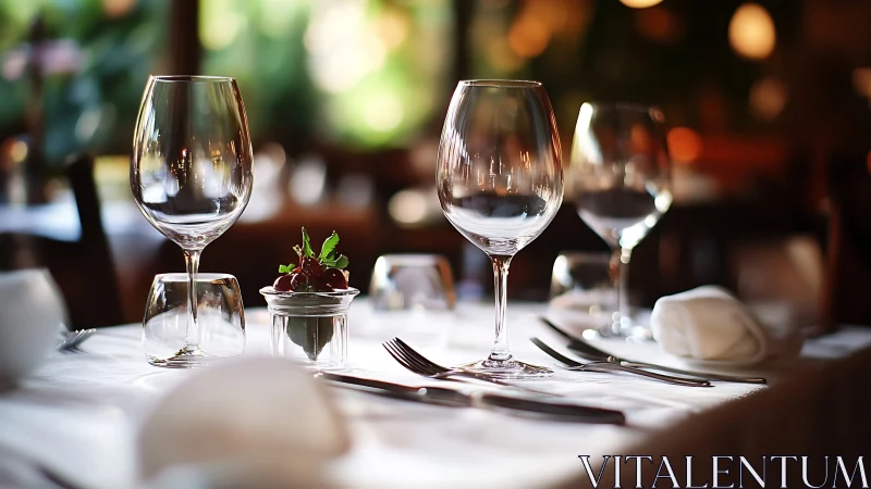 Refractive glassware geometry on fine-dining table setting.