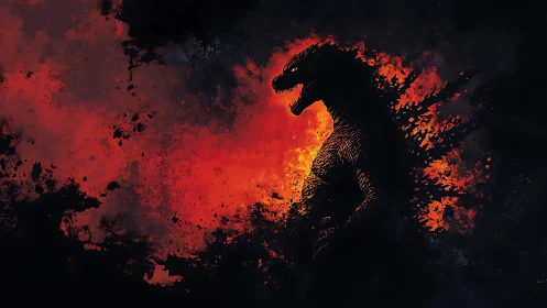 Fiery kaiju silhouette erupts from shadows in blazing chaos.