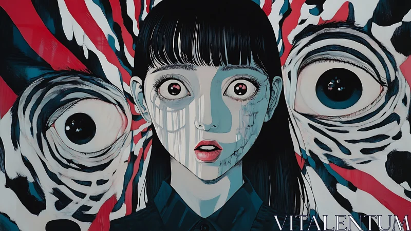 Wide-eyed girl meets surreal gaze in a bold graphic dream