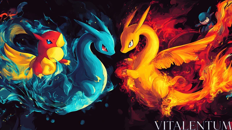 Twin elemental dragons whirlstorm through neon fire and tide