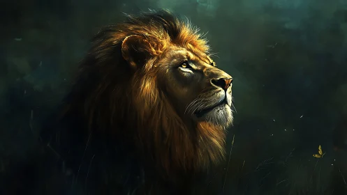 Regal lion gazes into glowing dusk with quiet resolve