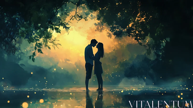 Silhouetted Couple Kissing Under Luminous Forest Canopy.