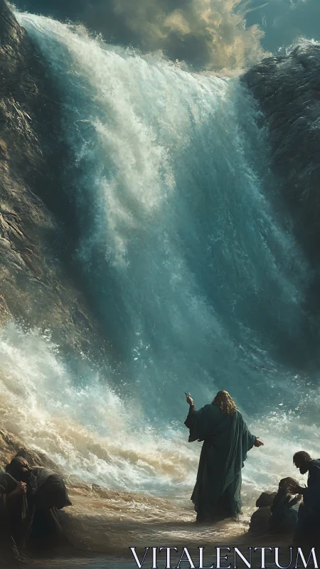 Parted seascape and hopeful travelers in a sacred moment.