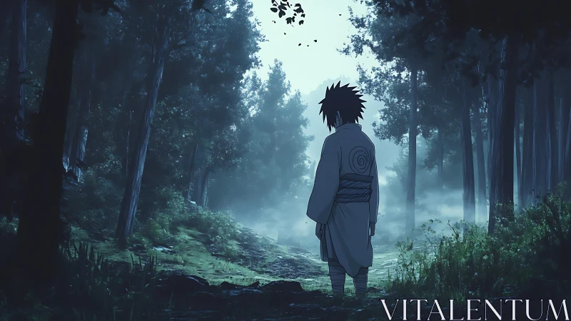 Solitary anime figure observes misty forest path at dawn