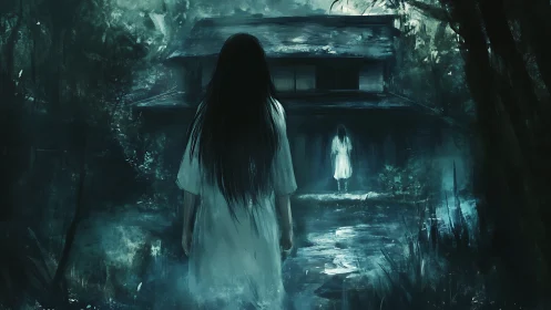 Ghostly figure stands before rural house at night