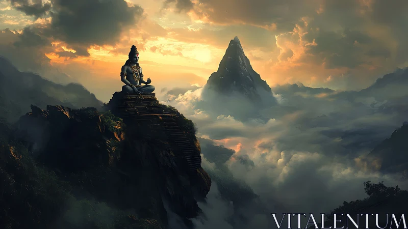 Mountain statue above clouds under dramatic golden sky.