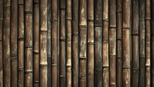 Vertical arrangement of weathered brown bamboo stalks wall.