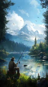 Solitary angler casting dreams beneath silver mountain light.