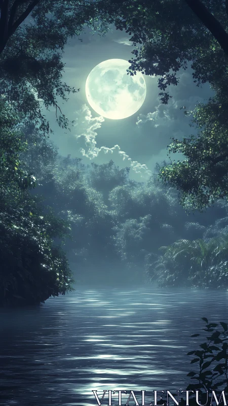 Moonlight drapes a misty jungle river in silver hush