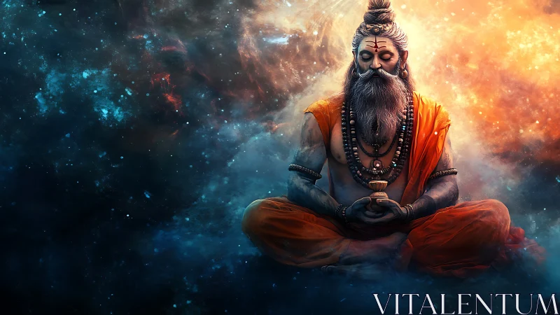 Cosmic yogi in deep meditation amid swirling nebulae.