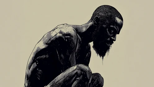 Ink figure crouched in stark monochrome solitude.