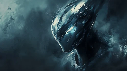 Alien chrome warrior emerges from swirling teal mist