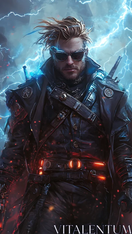 Cyberpunk warrior stands in storm with glowing weapons