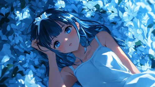 Girl with blue hair lying among flowers under cool light.