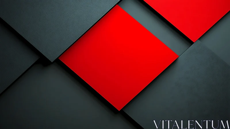 Geometric red and charcoal panels in layered minimal layout.
