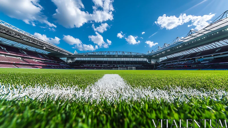 Empty modern football stadium with detailed grass field.