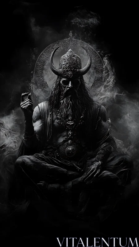 Dark throne deity in chiaroscuro digital painting composition.