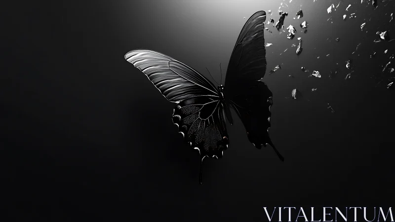Black butterfly shatters into starlit fragments of shadow.
