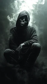 Hooded skeletal figure seated in smoke-filled environment.