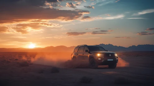 Off-road SUV drifts through desert dust under high-contrast sunset