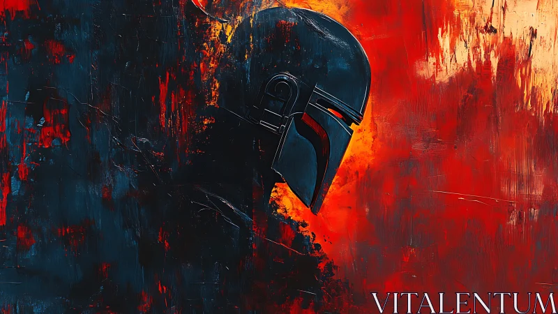 Helmeted warrior profile against fiery abstract background.