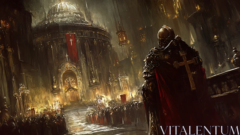 Golden cathedral march under a lone armored guardian.