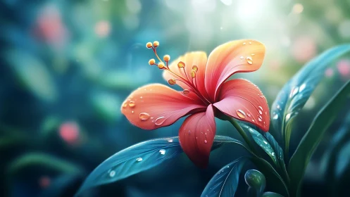 Radiant Tropical Flower Glistens with Morning Dewdrops