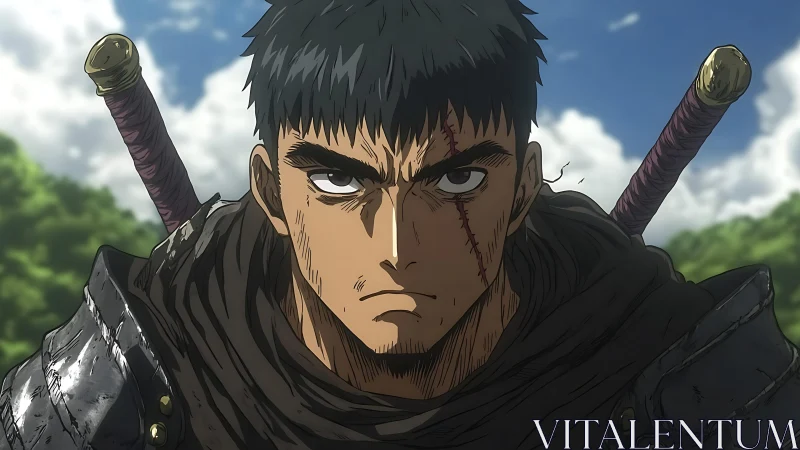 Scarred anime swordsman confronts danger under bright skies
